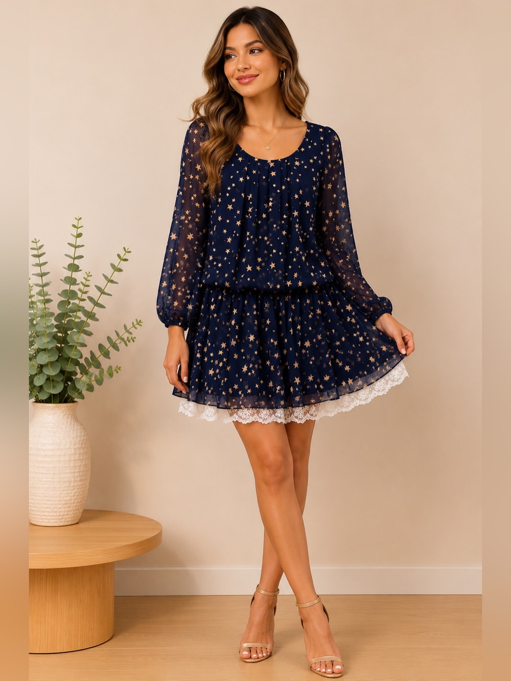 NET Ladies Navy Star Print Chiffon Dress Lace Hem Long Sleeve Size M